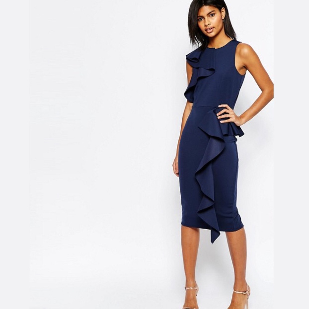 ASOS Ruffle Neck And Peplum Midi Scuba Dress